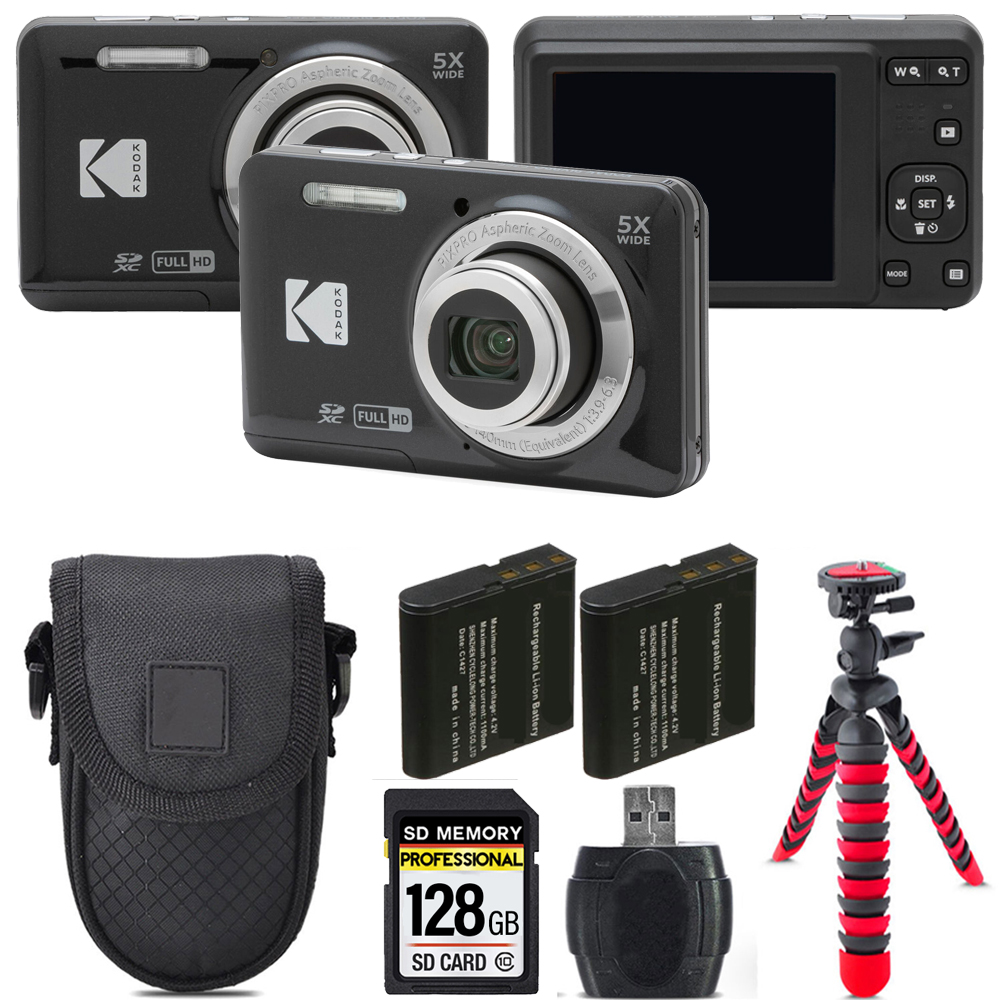 PIXPRO FZ55 Digital Camera (Black) + Extra Battery + Tripod + Case - 128GB Kit *FREE SHIPPING*