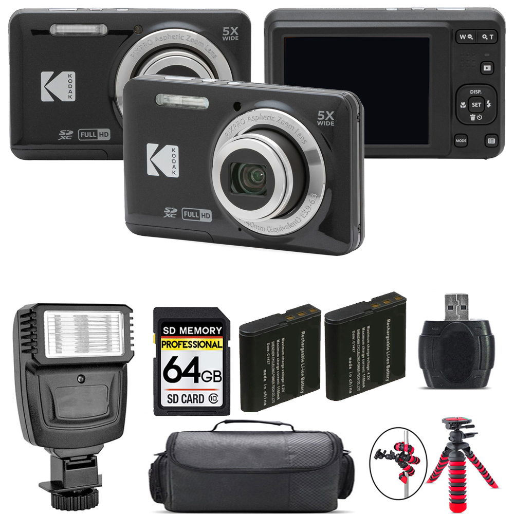 PIXPRO FZ55 Digital Camera (Black) + Extra Battery + Flash - 64GB Kit *FREE SHIPPING*