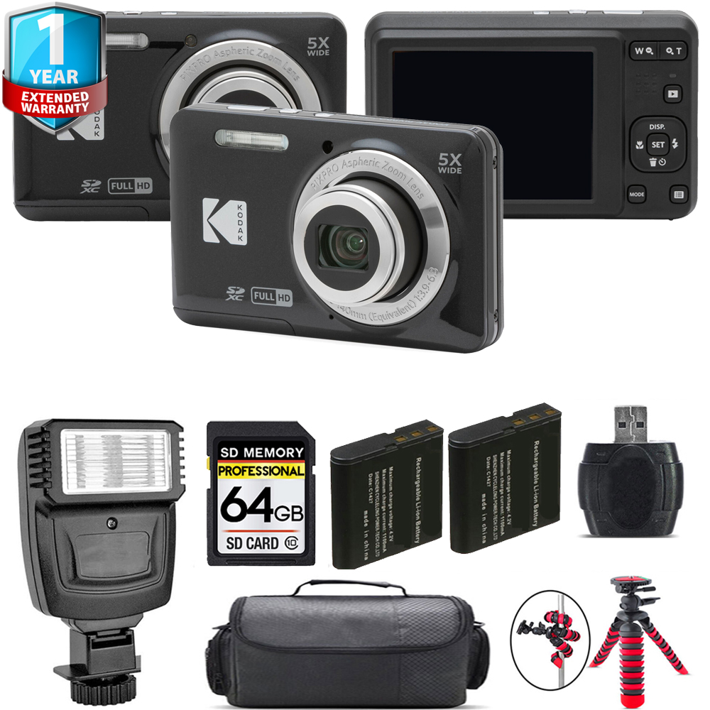 PIXPRO FZ55 Digital Camera (Black) + 1 Year Extended Warranty + Flash - 64GB Kit *FREE SHIPPING*