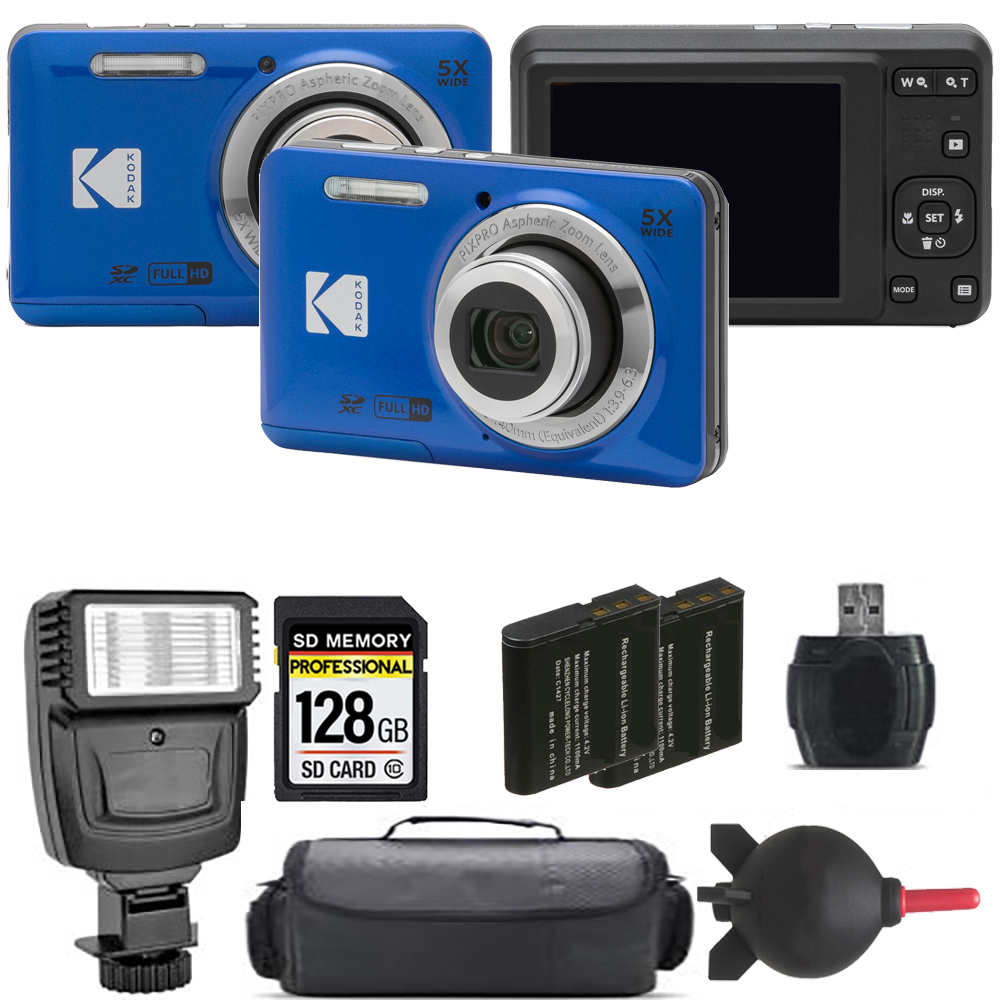 PIXPRO FZ55 Digital Camera (Blue) + Extra Battery + Flash - 128GB Kit *FREE SHIPPING*