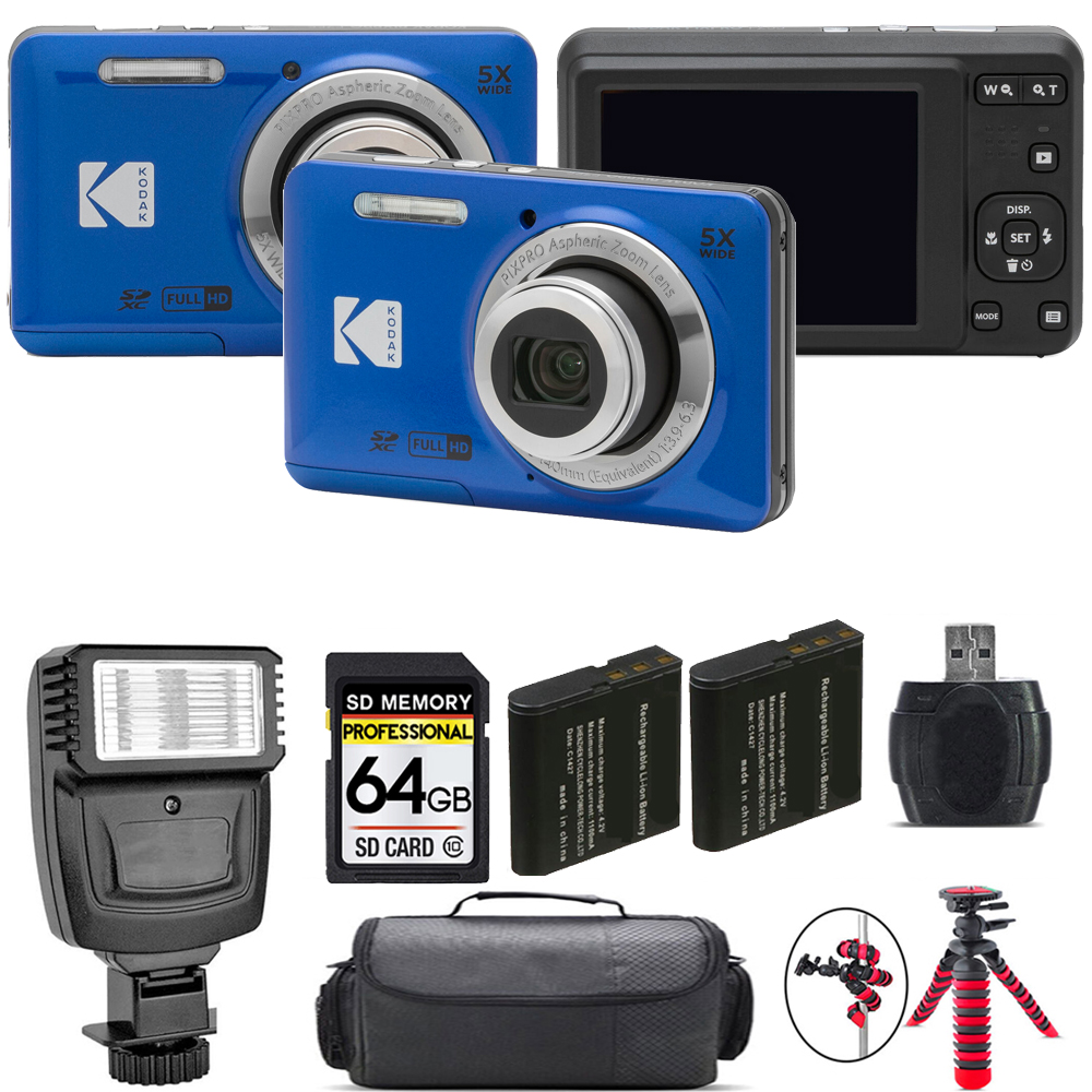 PIXPRO FZ55 Digital Camera (Blue) + Extra Battery + Flash - 64GB Kit *FREE SHIPPING*
