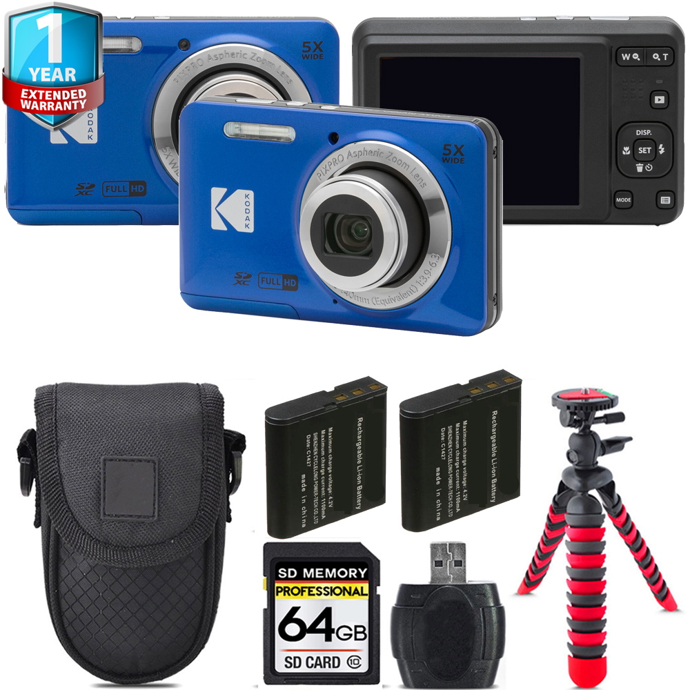 KODAK, PIXPRO FZ55 Digital Camera (Blue) + Extra Battery + 1 Year Extended  Warranty - 64GB *FREE SHIPPING*, FZ55-BL