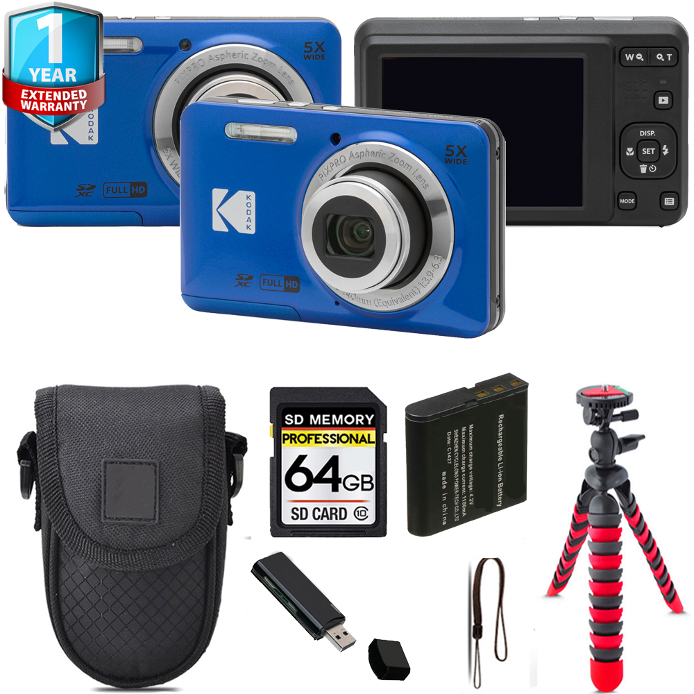 PIXPRO FZ55 Digital Camera (Blue) + Tripod + 1 Year Extended Warranty - 64GB Kit *FREE SHIPPING*