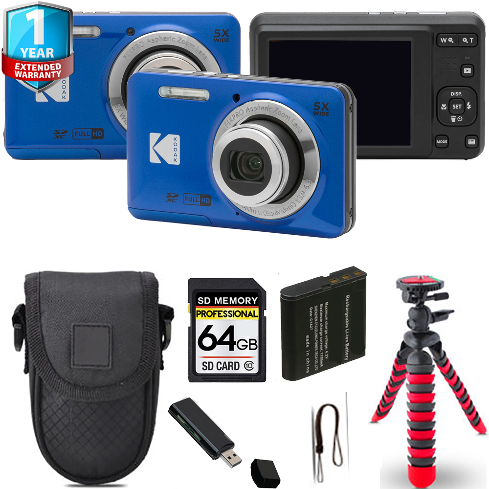 PIXPRO FZ55 Digital Camera (Blue) + Spider Tripod + 1 Year Extended Warranty - 64GB *FREE SHIPPING*