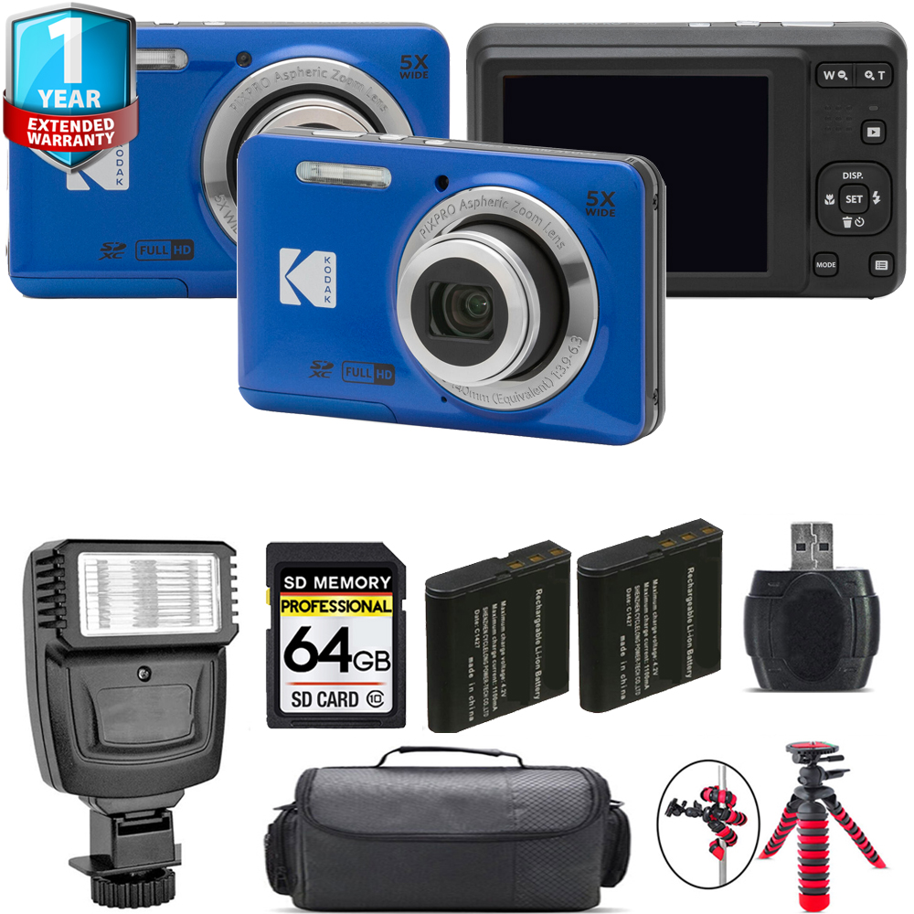 PIXPRO FZ55 Digital Camera (Blue) + 1 Year Extended Warranty + Flash - 64GB Kit *FREE SHIPPING*