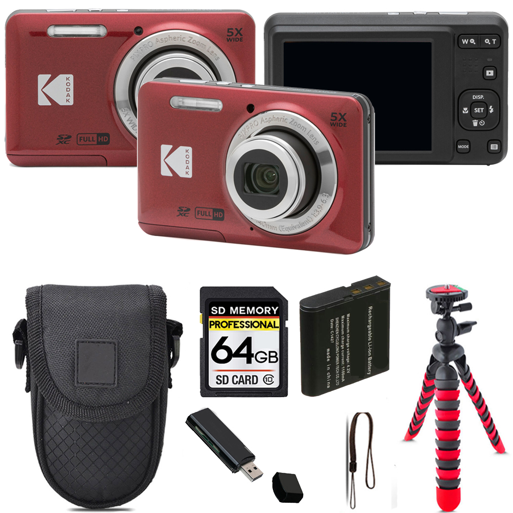 PIXPRO FZ55 Digital Camera (Red) + Tripod + Case - 64GB Kit *FREE SHIPPING*