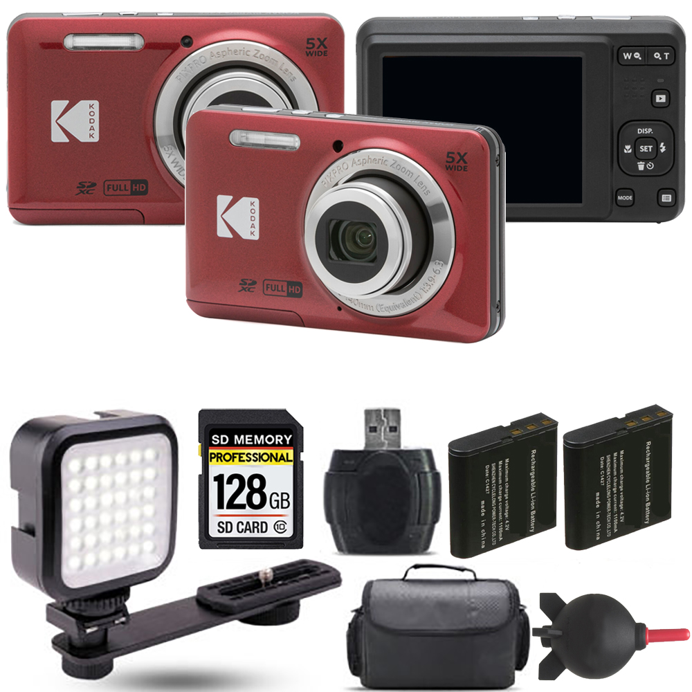PIXPRO FZ55 Digital Camera (Red) + Extra Battery + LED - 128GB Kit *FREE SHIPPING*