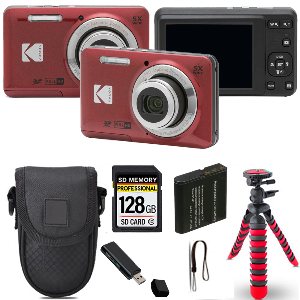 PIXPRO FZ55 Digital Camera (Red) + Spider Tripod + Case - 128GB Kit *FREE SHIPPING*