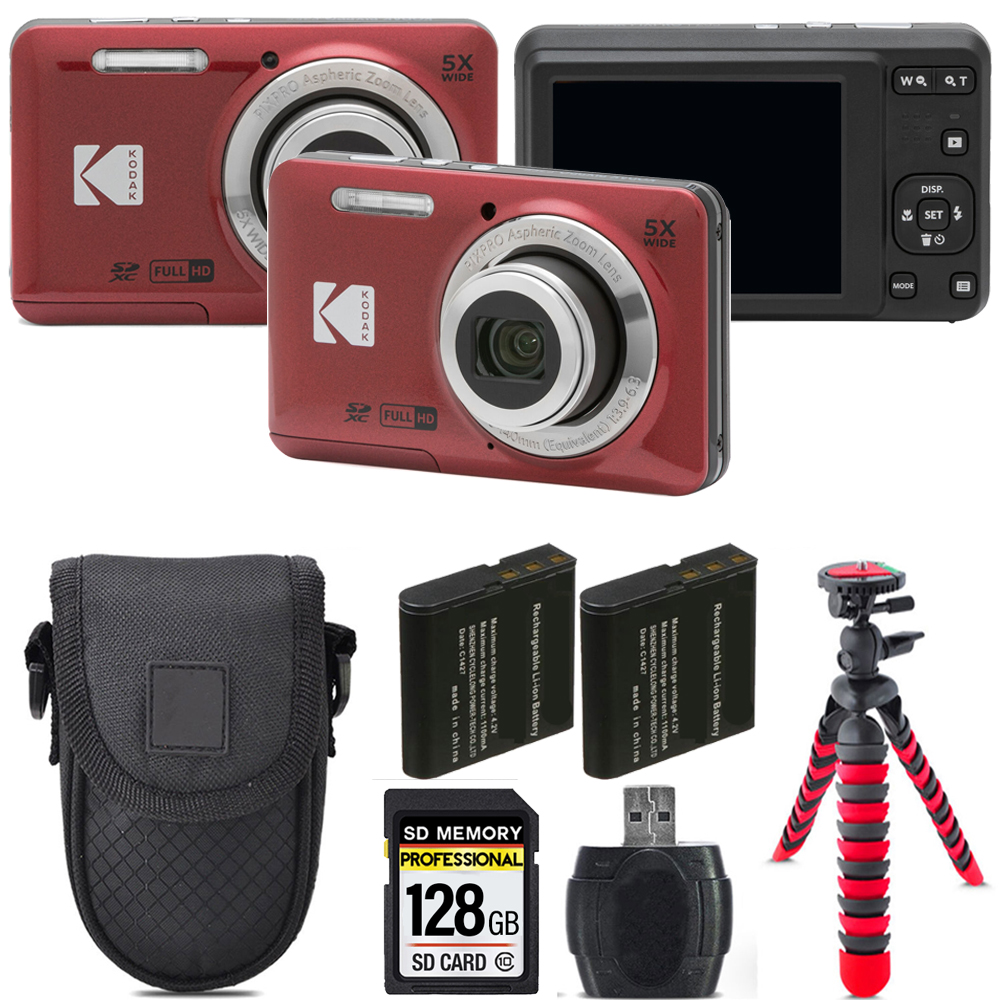 PIXPRO FZ55 Digital Camera (Red) + Extra Battery + Tripod + Case - 128GB Kit *FREE SHIPPING*