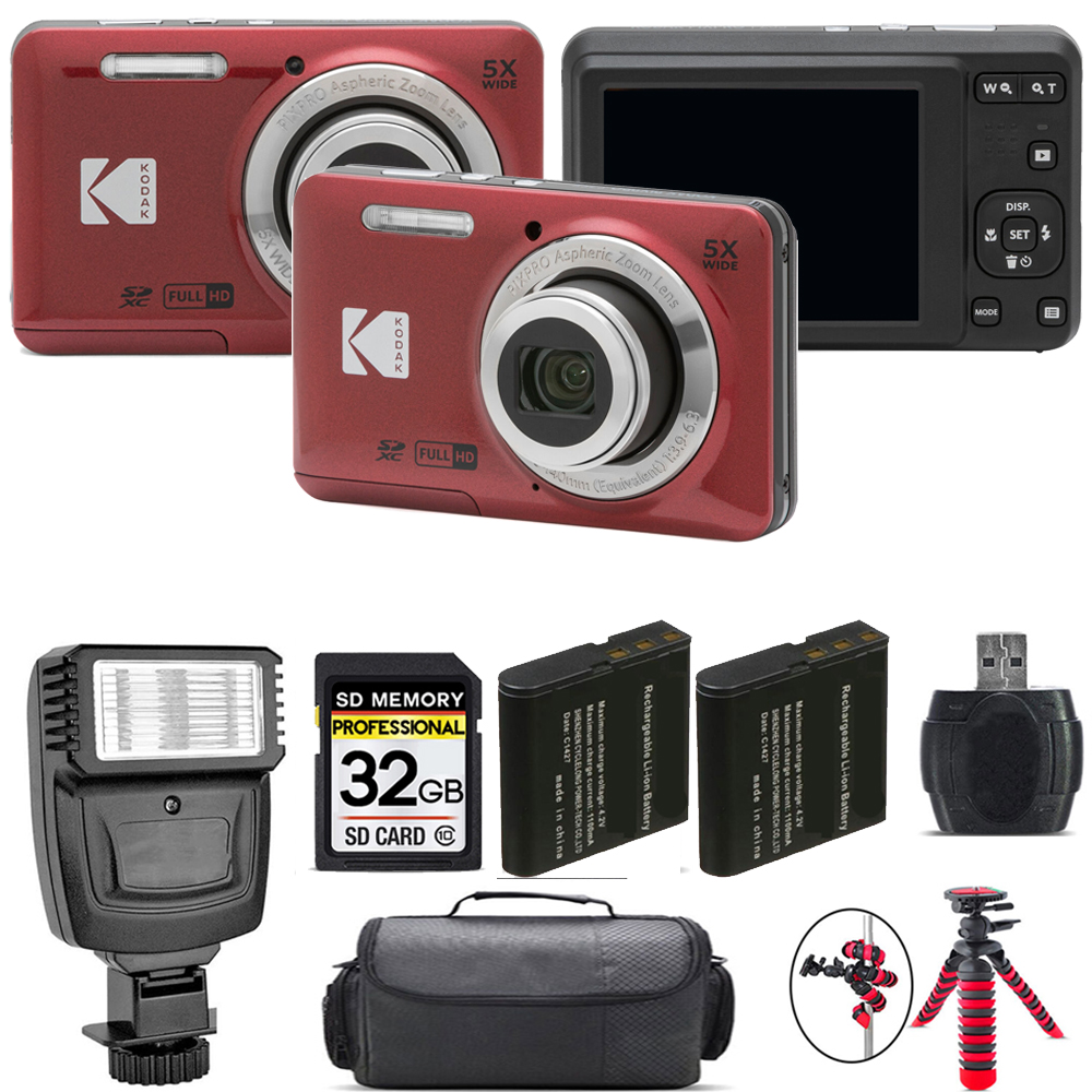 PIXPRO FZ55 Digital Camera (Red) + Extra Battery + Flash - 32GB Kit *FREE SHIPPING*