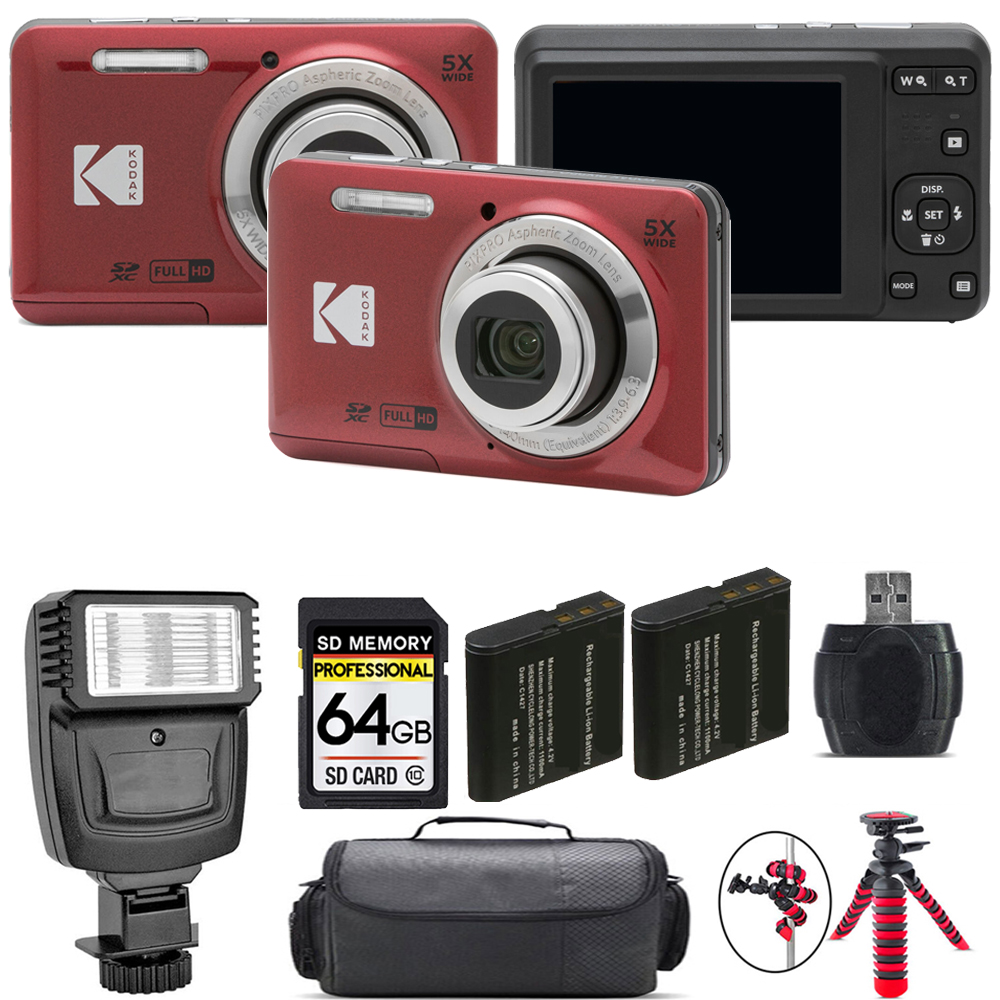 PIXPRO FZ55 Digital Camera (Red) + Extra Battery + Flash - 64GB Kit *FREE SHIPPING*