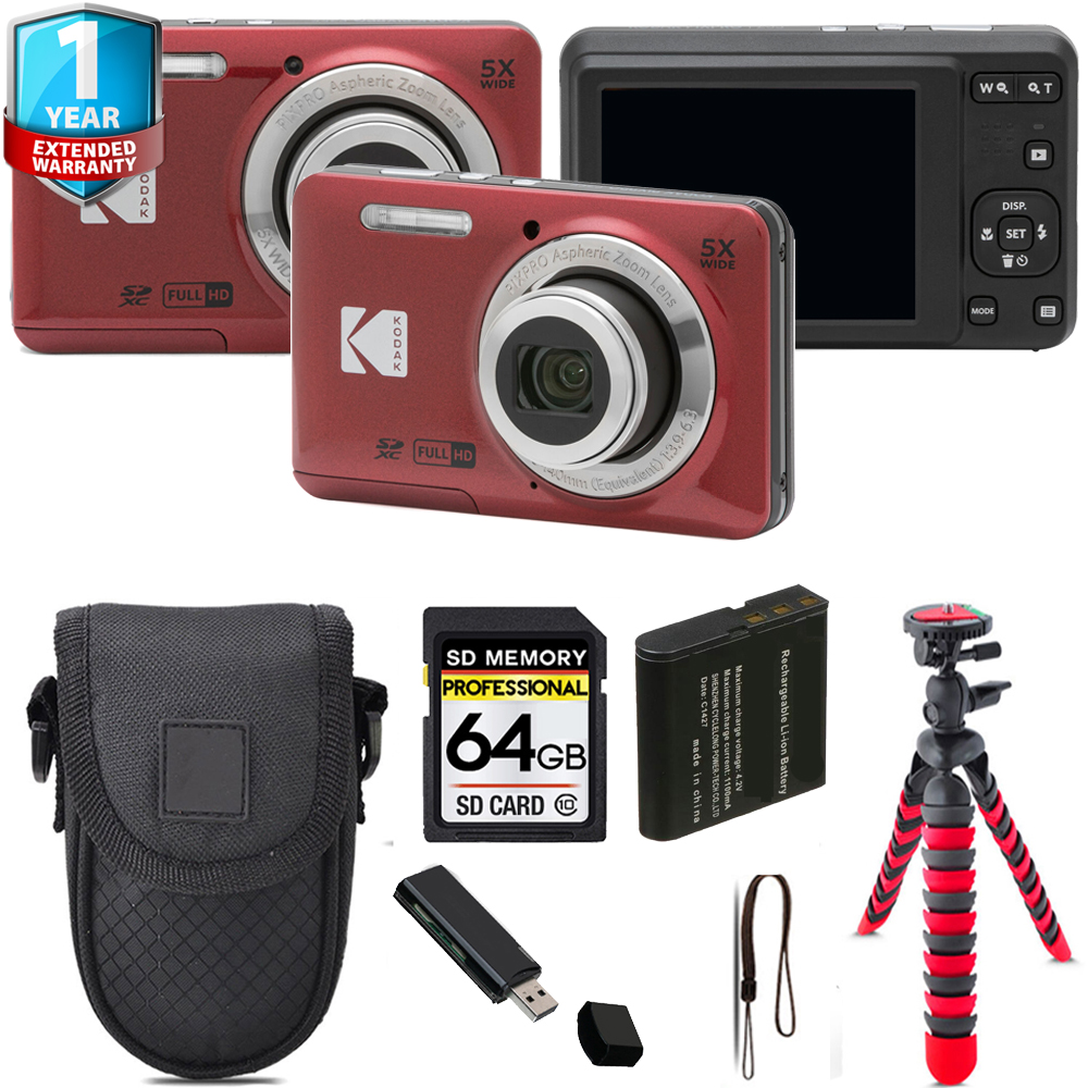 PIXPRO FZ55 Digital Camera (Red) + Tripod + 1 Year Extended Warranty - 64GB Kit *FREE SHIPPING*