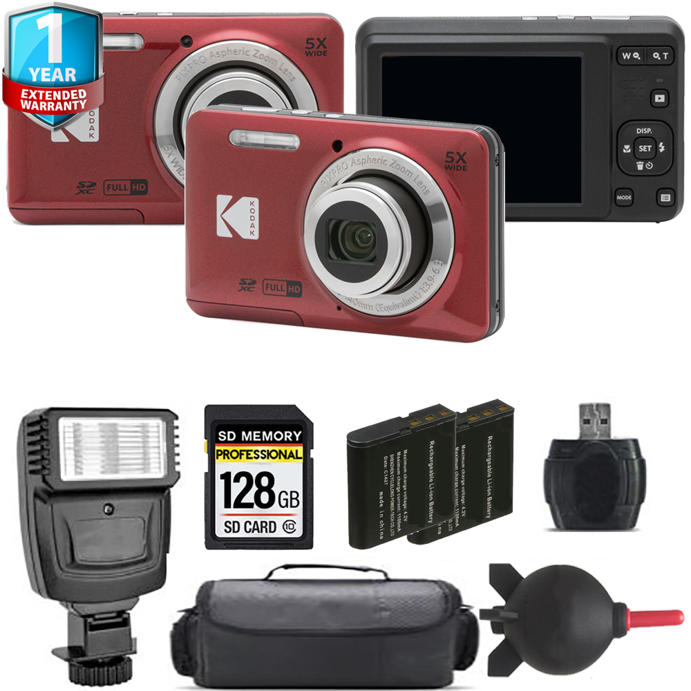 PIXPRO FZ55 Digital Camera (Red) + Extra Battery + Flash + 1 Year Extended Warranty *FREE SHIPPING*