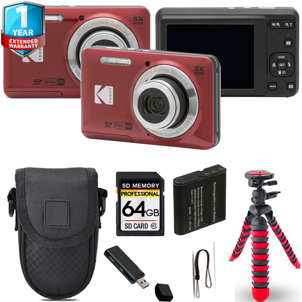 PIXPRO FZ55 Digital Camera (Red) + Spider Tripod + 1 Year Extended Warranty - 64GB *FREE SHIPPING*