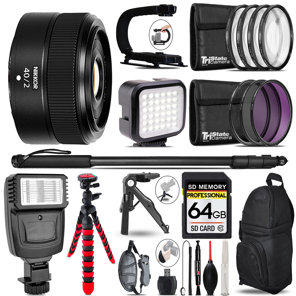 NIKKOR Z 40mm f/2 Lens - Video Kit + Slave Flash + Monopad - 64GB Kit *FREE SHIPPING*