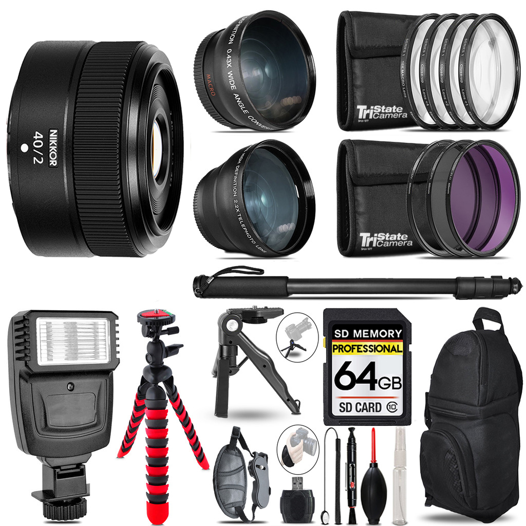 NIKKOR Z 40mm f/2 Lens - 3 Lens Kit + Slave Flash + Tripod - 64GB Kit *FREE SHIPPING*