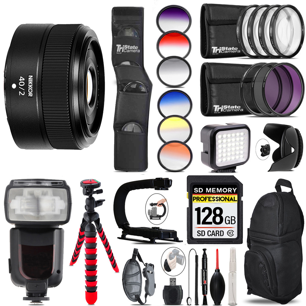 NIKKOR Z 40mm f/2 Lens + Pro Flash LED Light - 128GB Accessory Bundle *FREE SHIPPING*
