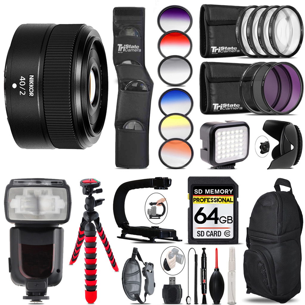 NIKKOR Z 40mm f/2 Lens + Pro Flash + LED Light - 64GB Accessory Bundle *FREE SHIPPING*