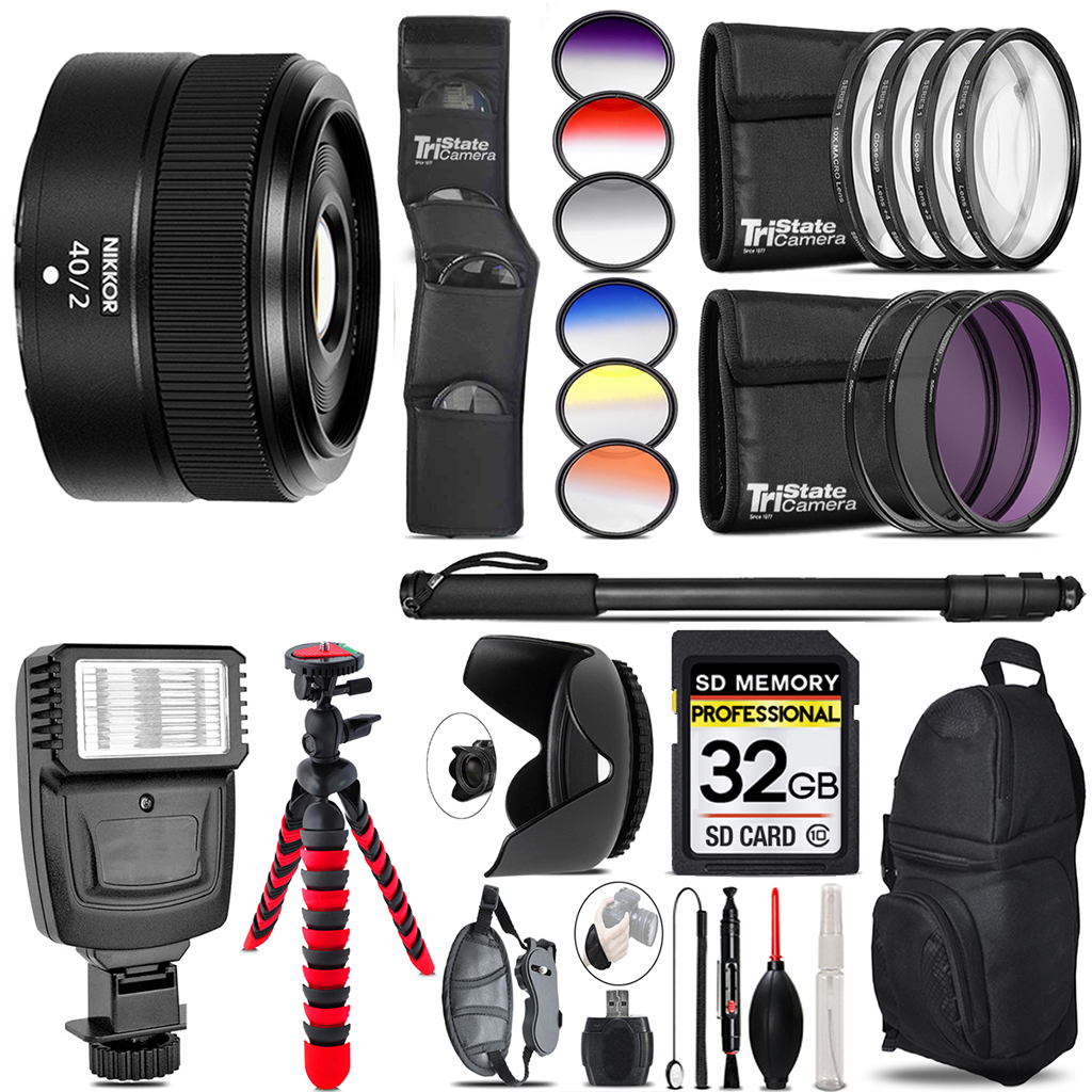 NIKKOR Z 40mm f/2 Lens + Flash + Color Filter Set - 32GB Accessory Kit *FREE SHIPPING*