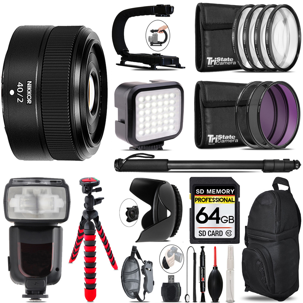 NIKKOR Z 40mm f/2 Lens - Video Kit + Pro Flash - 64GB Accessory Bundle *FREE SHIPPING*