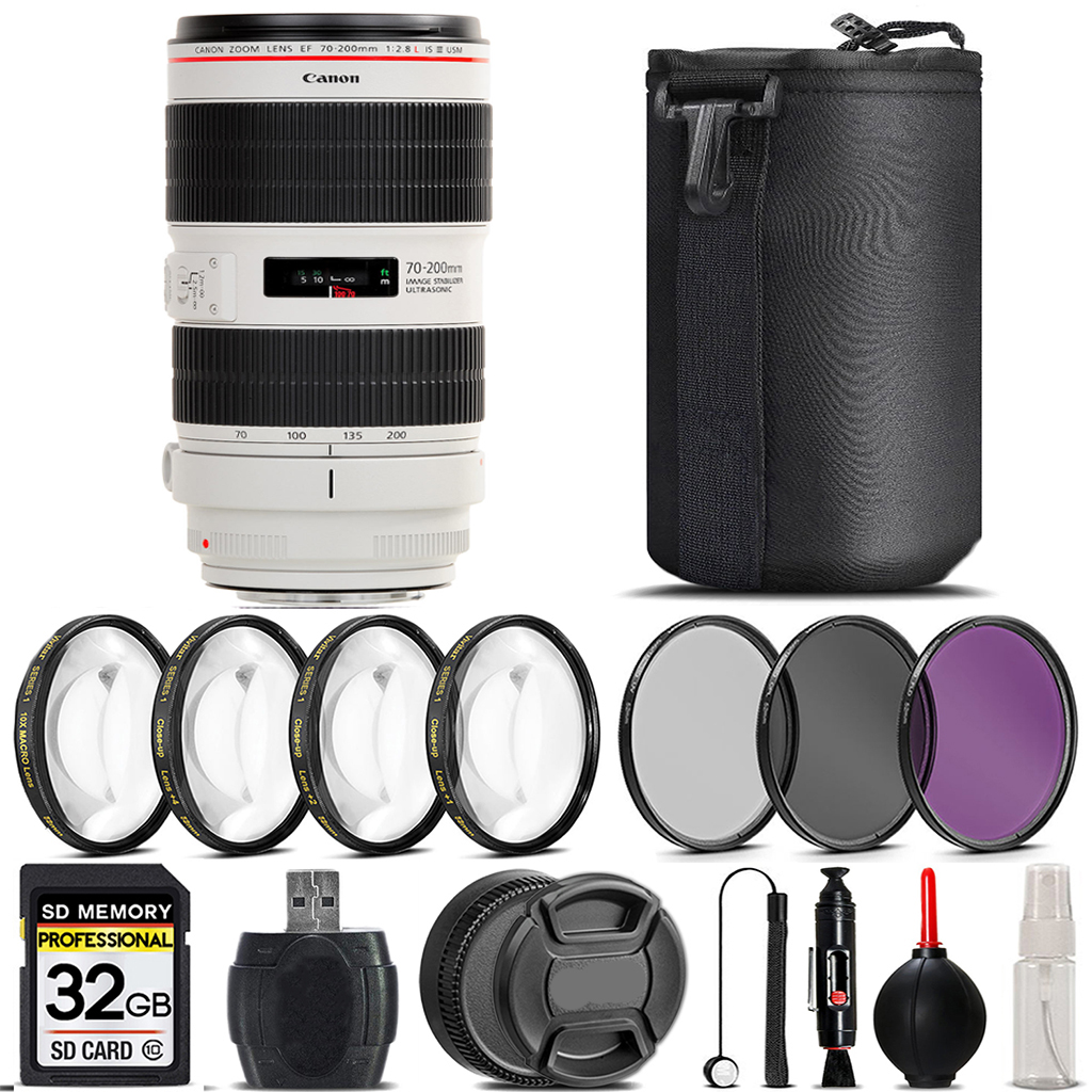 EF 70-200mm IS III USM Lens + 4PC Macro Kit + UV, CPL, FLD Filter - 32GB *FREE SHIPPING*