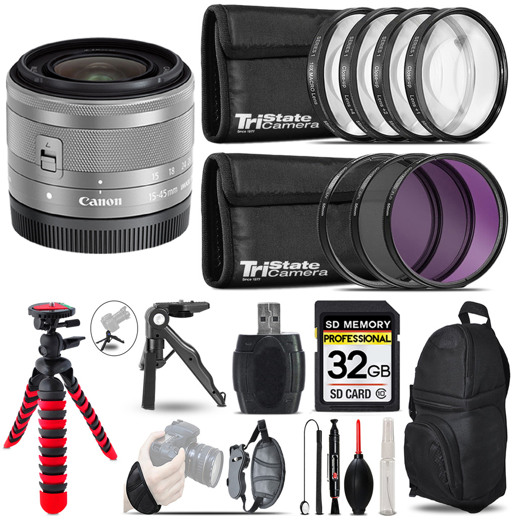 EF-M 15-45mm IS STM Lens  Silver + Macro, UV-CPL-FLD Filter - 32GB Kit Kit *FREE SHIPPING*