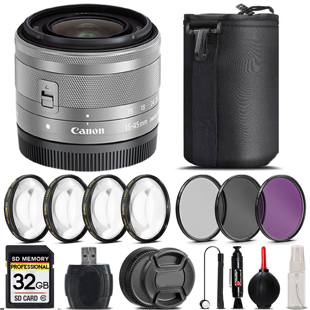 EF-M 15-45mm IS STM Lens  Silver + 4 Piece Macro Set + UV, CPL, FLD Filter - 32GB *FREE SHIPPING*