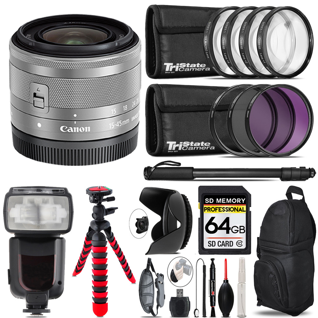 EF-M 15-45mm IS STM Lens  Silver + Professional Flash + 64GB Accessory Kit *FREE SHIPPING*