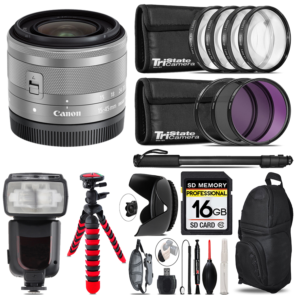 EF-M 15-45mm IS STM Lens  Silver + Professional Flash + 128GB Accessory Kit *FREE SHIPPING*