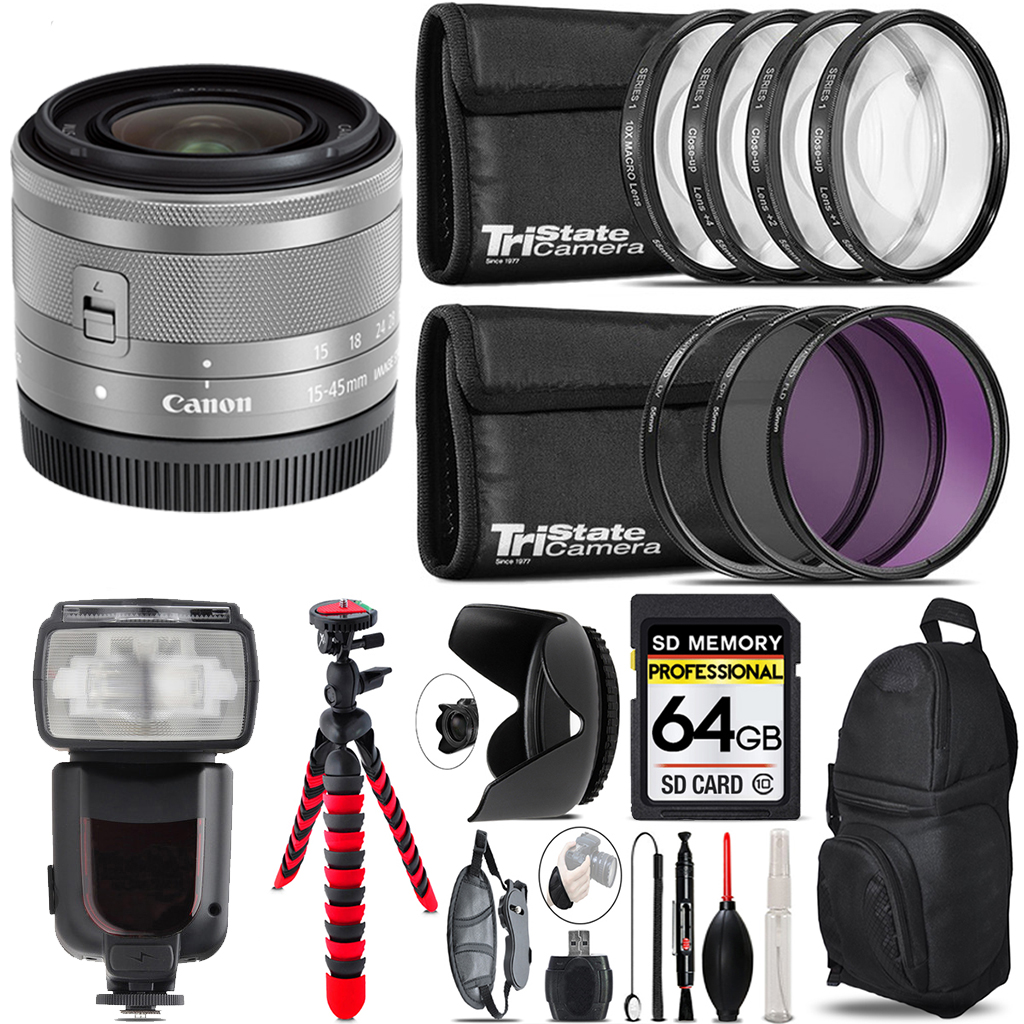 EF-M 15-45mm IS STM Lens  Silver + Canon Speedlight & More - 64GB Kit *FREE SHIPPING*