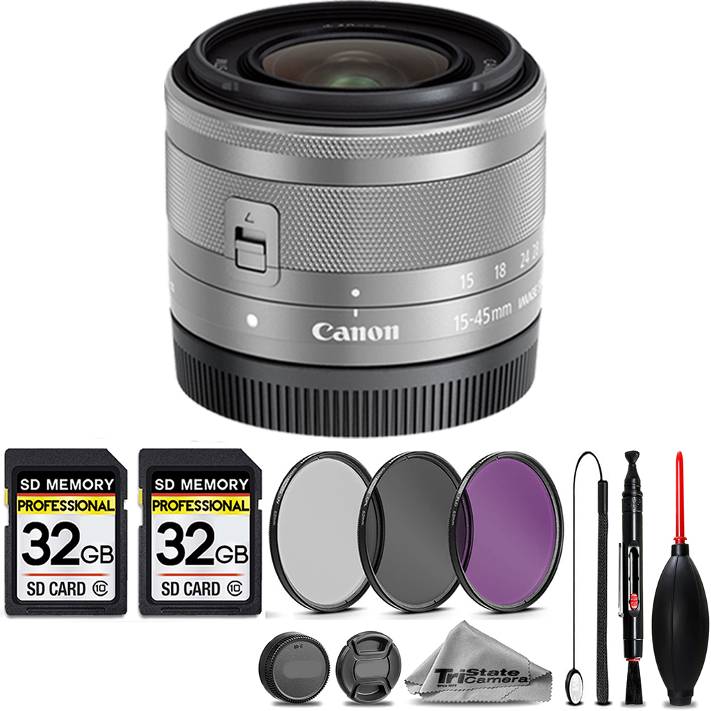 EF-M 15-45mm IS STM Lens  Silver + 3 Piece Filter Set + 64GB STORAGE BUNDLE KIT *FREE SHIPPING*