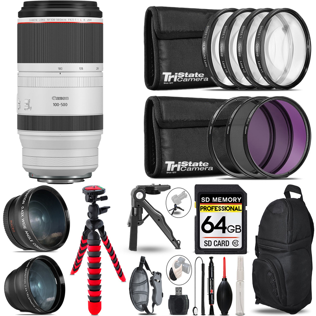 RF 100-500mm L IS USM Lens - 3 Lens Kit + Tripod + Backpack - 64GB Kit *FREE SHIPPING*