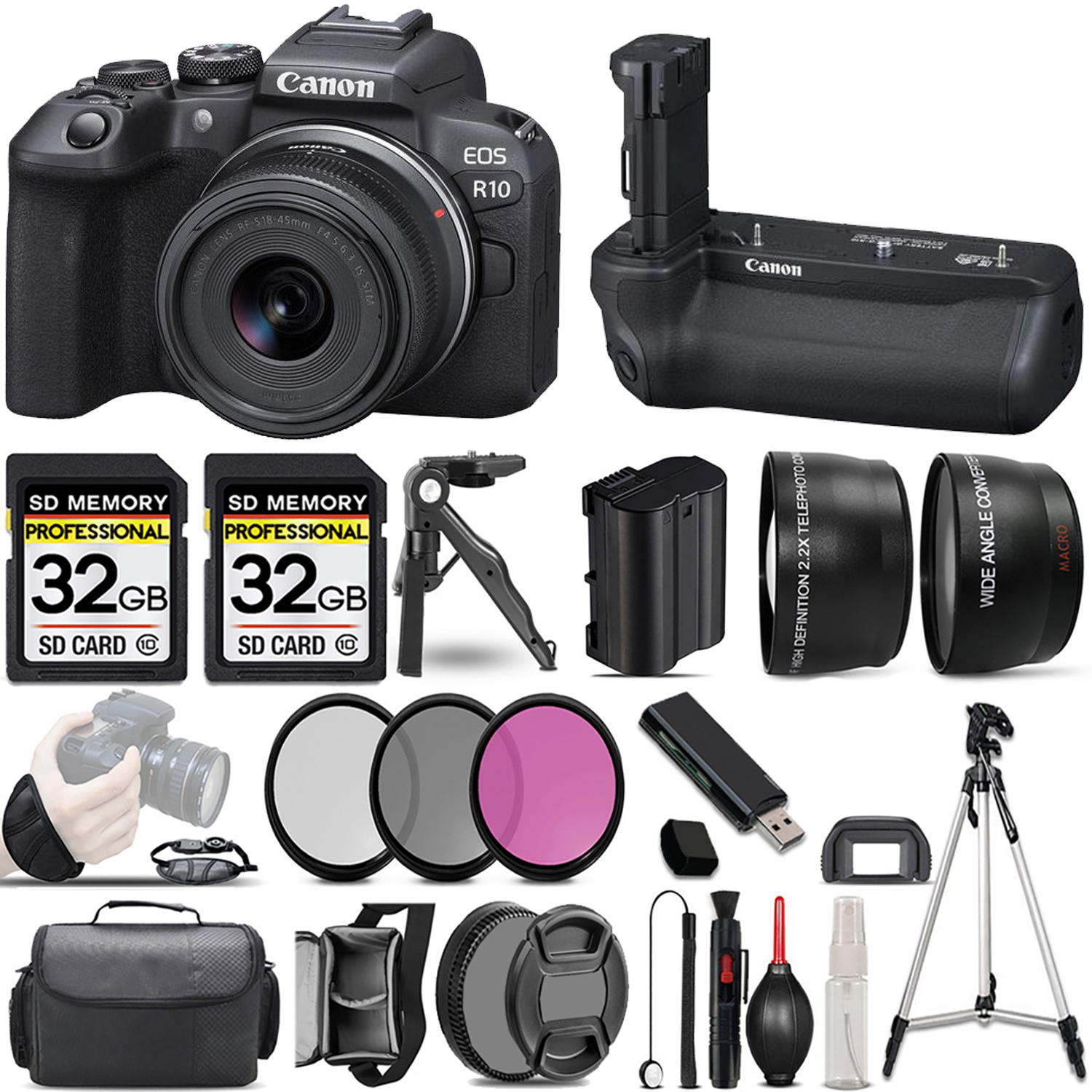 EOS R10 Mirrorless Camera with 18-150mm Lens + Bat Grip + 3 Piece Filter Set + 64GB *FREE SHIPPING*