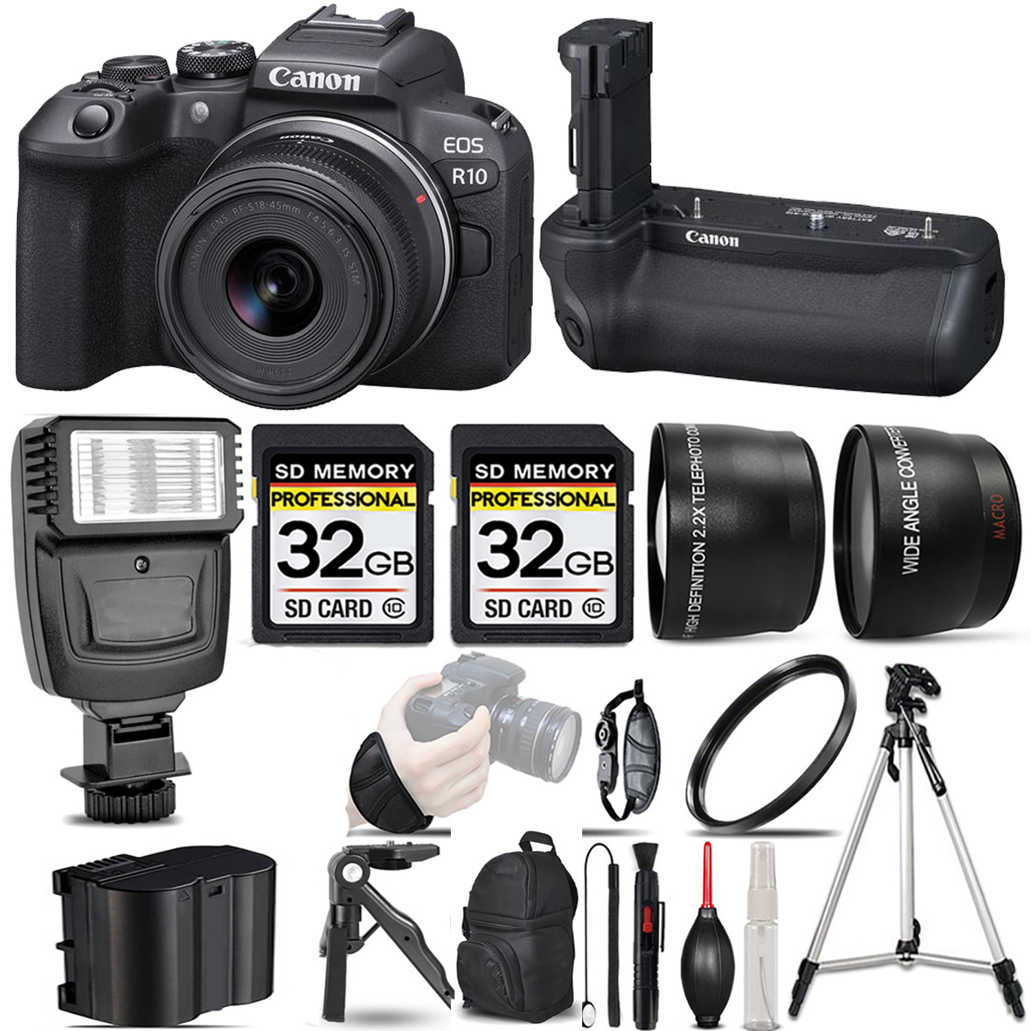 EOS R10 Mirrorless Camera with 18-150mm Lens + Bat Grip + Flash + 64GB - Kit *FREE SHIPPING*