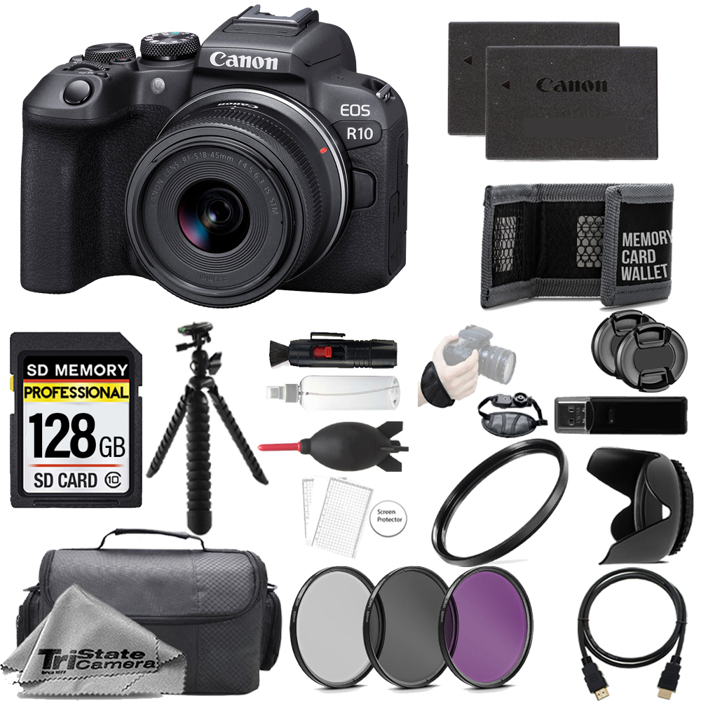 EOS R10 Camera + 18- 45mm Lens + 128GB + Ext Bat+ 3 Piece Filter Set- Accessory Kit *FREE SHIPPING*