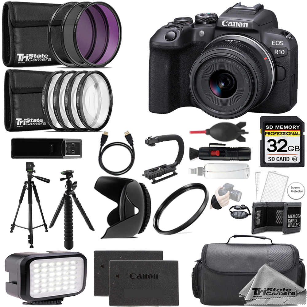 EOS R10 Camera + 18-45mm Lens + 32GB + Ext Bat+ 9 PC Filter- ULTIMATE Kit