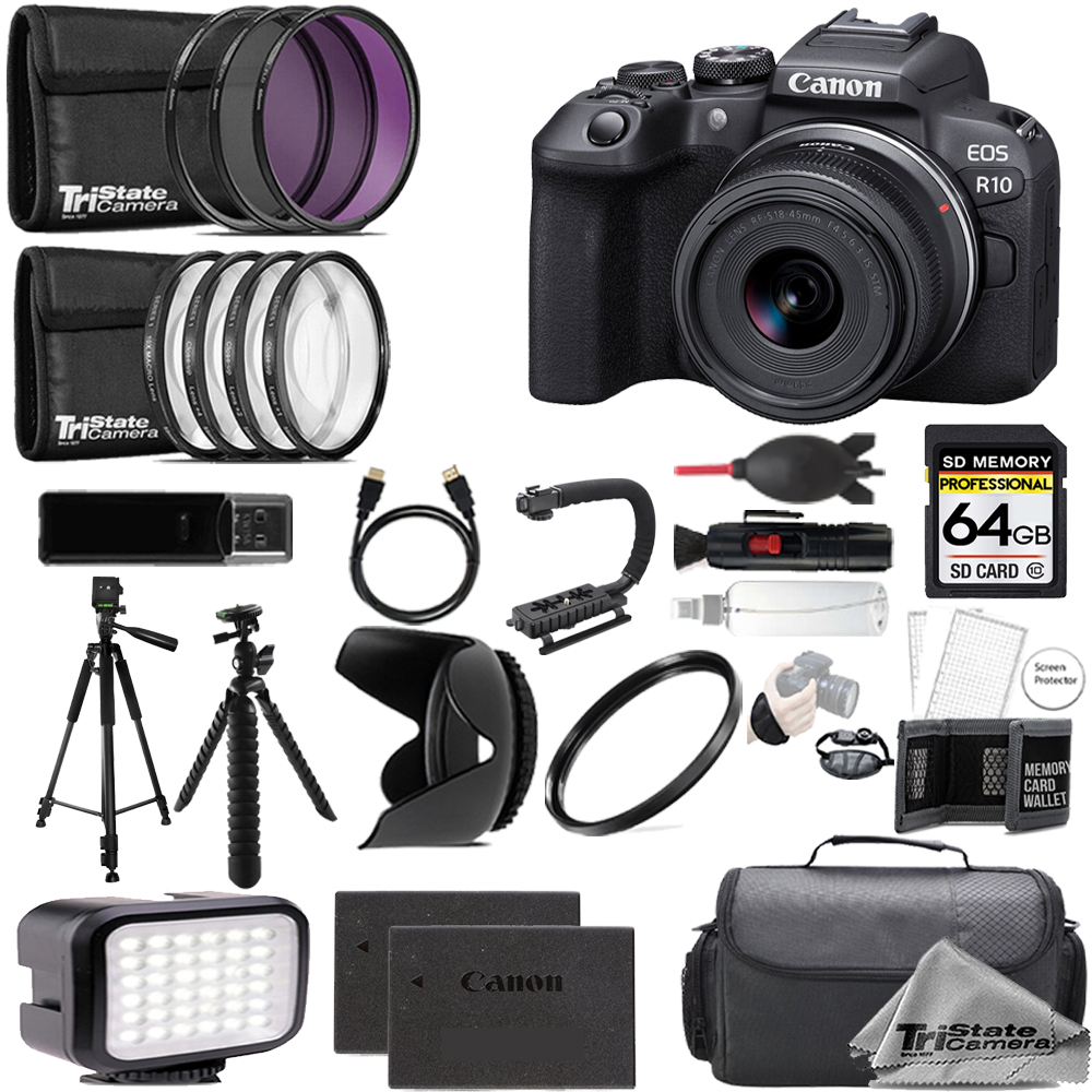 EOS R10 Camera + 18- 45mm Lens + 64GB + Ext Bat+ 9 PC Filter- ULTIMATE Kit *FREE SHIPPING*