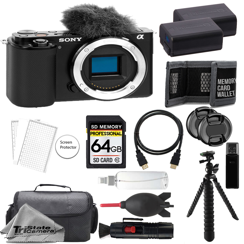 ZV-E10 Camera (Black) + 64GB + Extra Battery + Tripod - Accessory Kit *FREE SHIPPING*