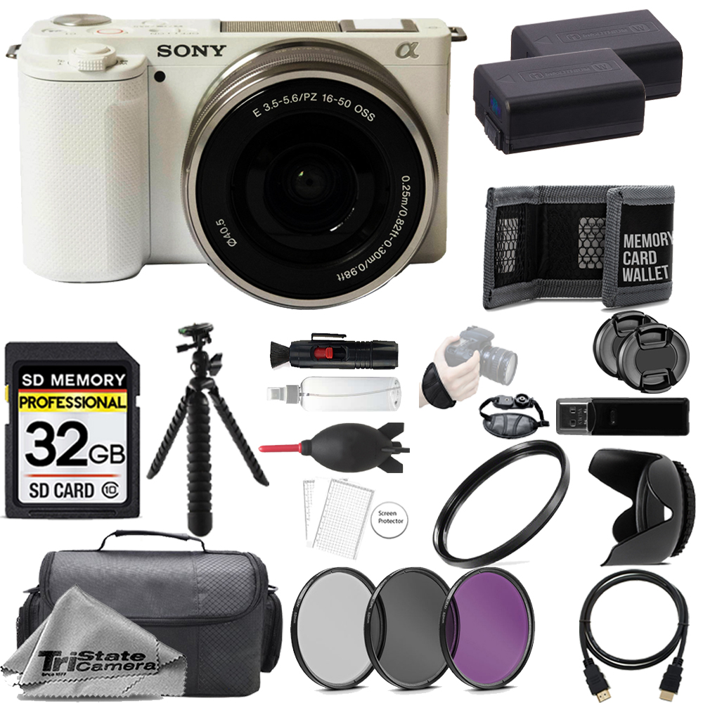 ZV-E10 (White) + 16-50mm Lens + 32GB + Extra Bat+ 3 Piece Filter Set- Accessory Kit *FREE SHIPPING*