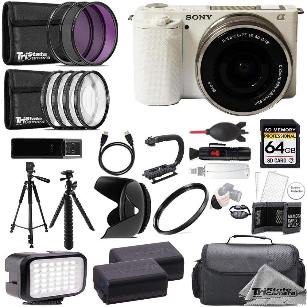 ZV-E10 (White) + 16-50mm Lens + 64GB + Extra Battery + 9 PC Filter - ULTIMATE Kit *FREE SHIPPING*
