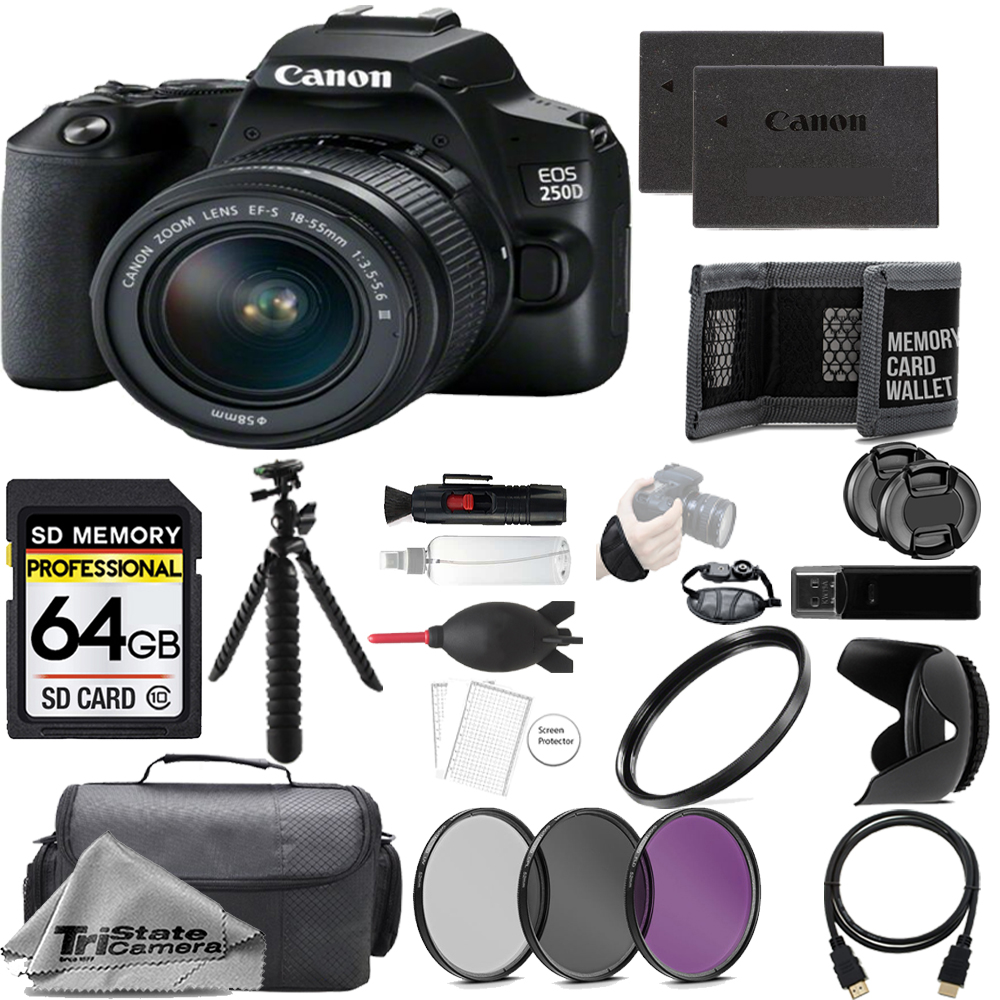 EOS 250D/SL3 Camera +18-55mm III Lens +64GB + Ext Bat+ 3 PC Filter- Kit