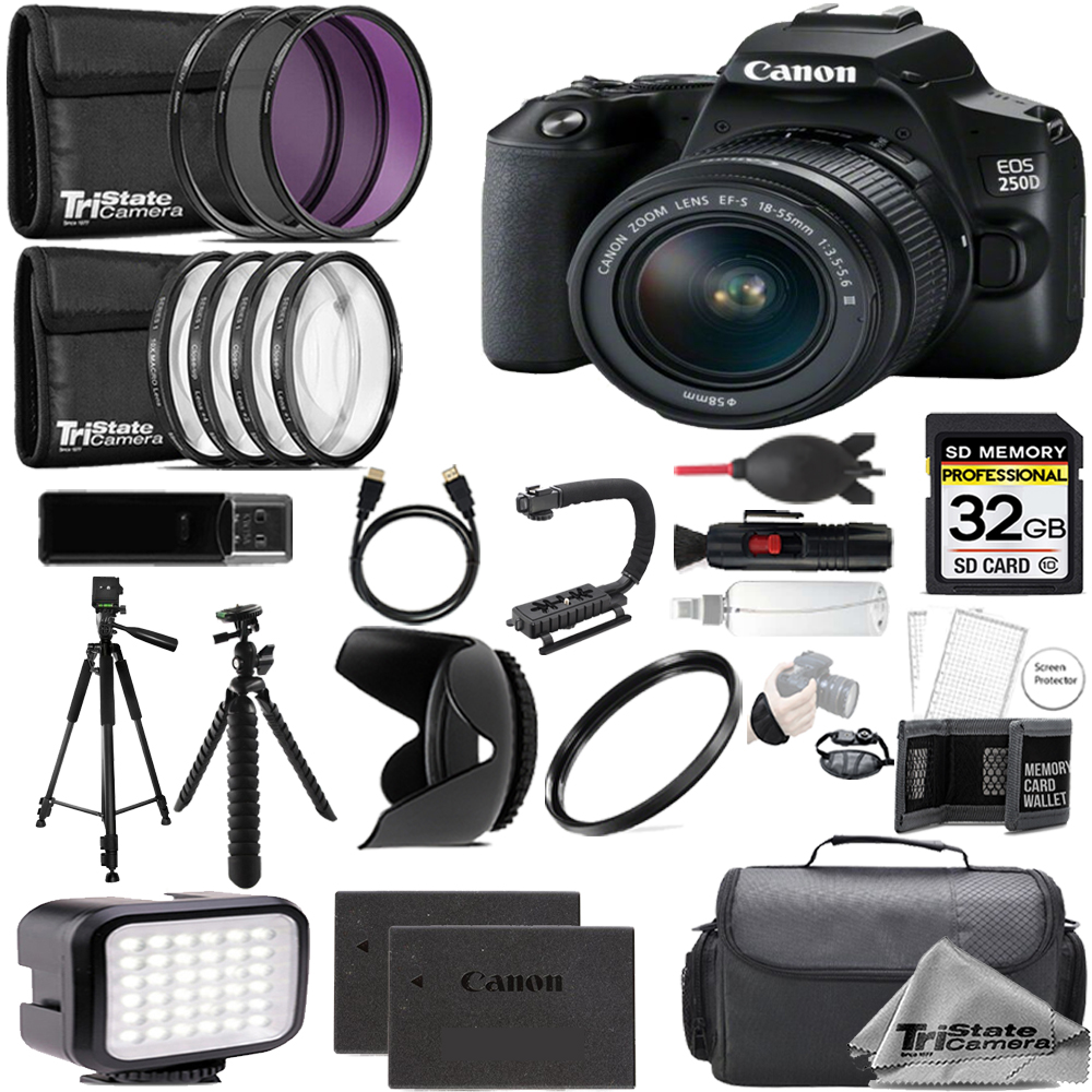 EOS 250D/SL3 Camera +18-55mm III Lens +32GB +Ext Bat+ 9 PC Filter-MEGA Kit