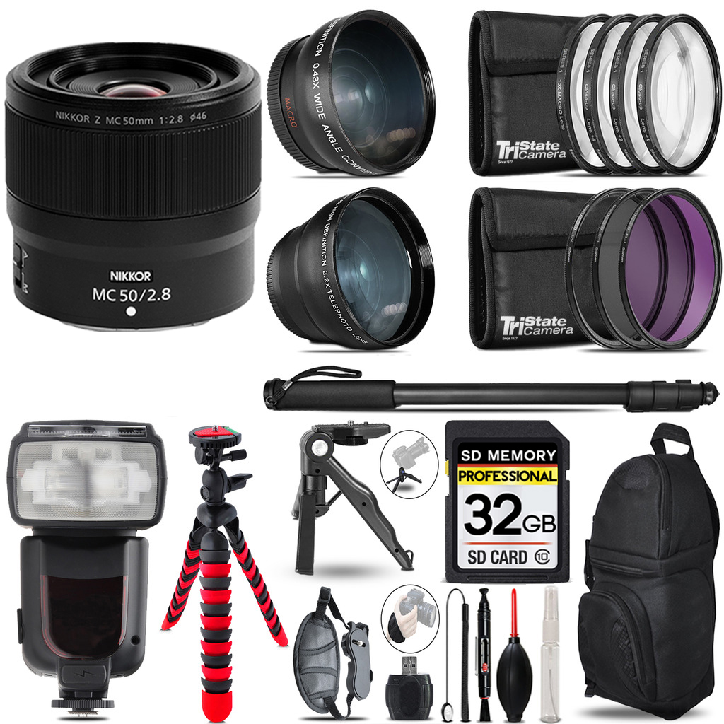 NIKKOR Z MC 50mm Macro Lens - 3 Lens Kit + Professional Flash - 32GB Kit *FREE SHIPPING*
