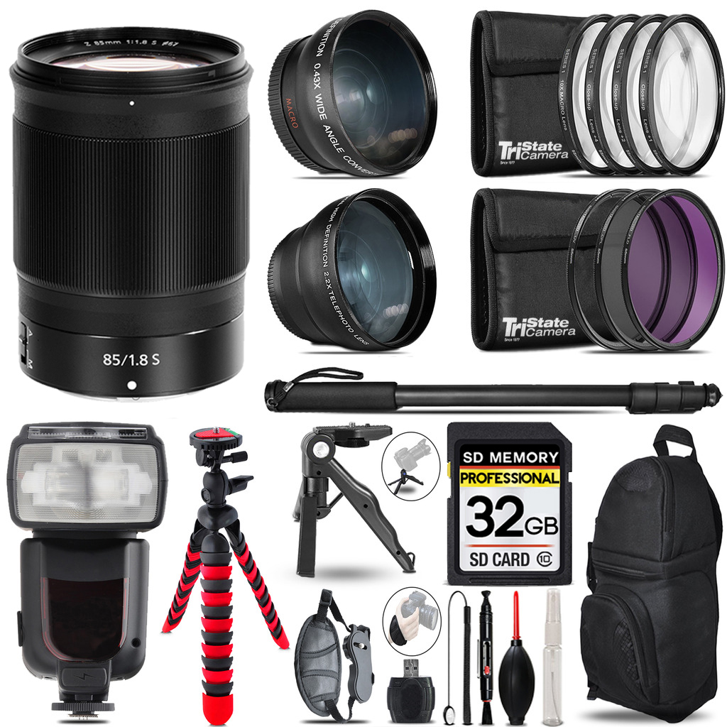 NIKKOR Z 85mm f/1.8 S Lens - 3 Lens Kit + Professional Flash - 32GB Kit *FREE SHIPPING*