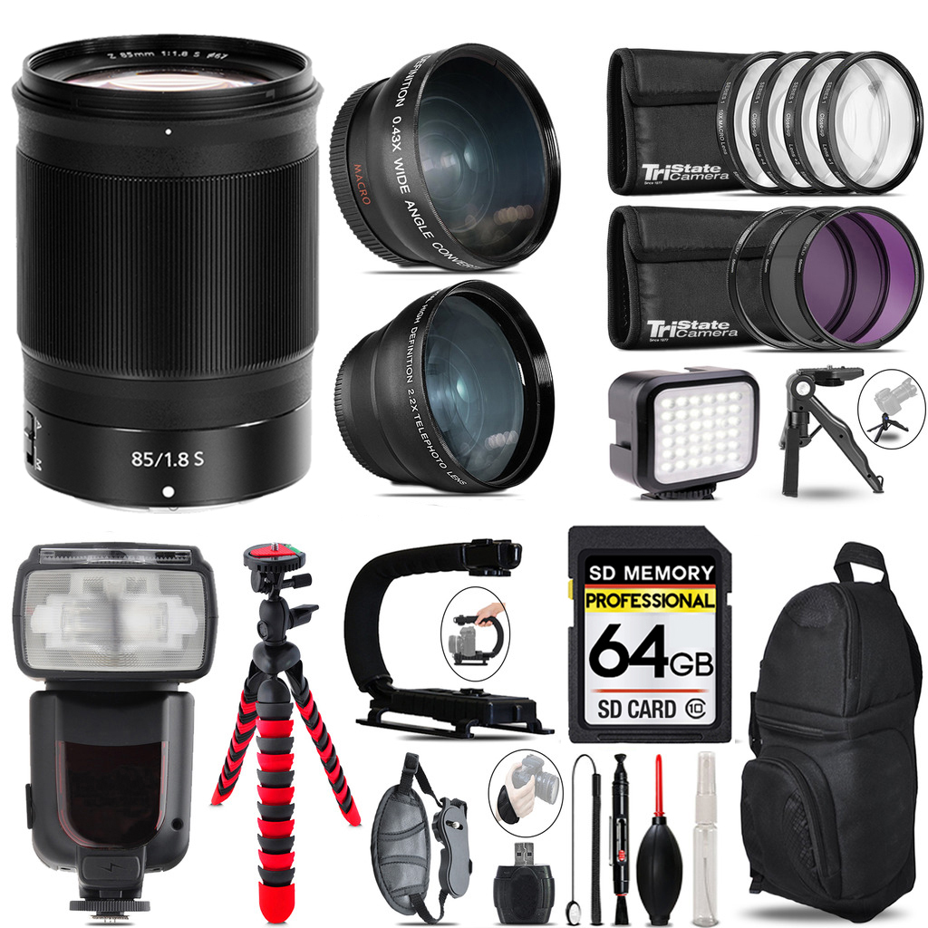 NIKKOR Z 85mm f/1.8 S Lens + Pro Flash + LED Light + Tripod - 64GB Kit *FREE SHIPPING*