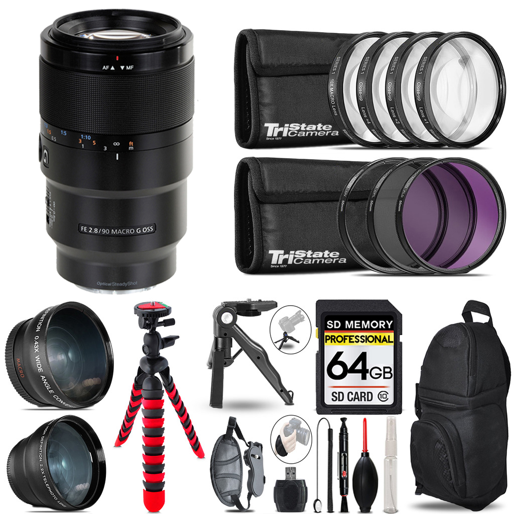 FE 90mm f/2.8 Macro G OSS Lens - 3 Lens Kit + Tripod + Backpack - 64GB Kit *FREE SHIPPING*