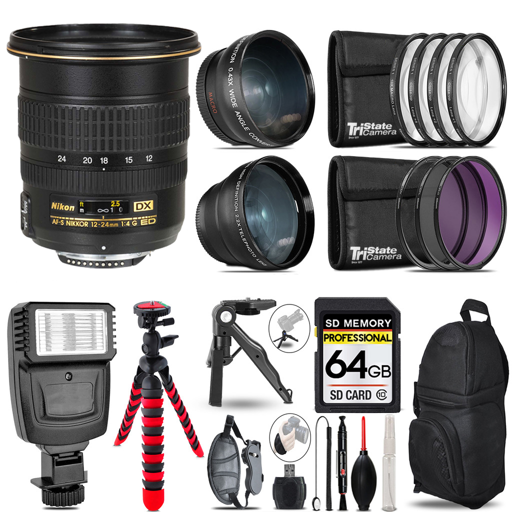AF-S DX Zoom 12-24mm Lens - 3 Lens Kit + Slave Flash + Tripod - 64GB Kit *FREE SHIPPING*
