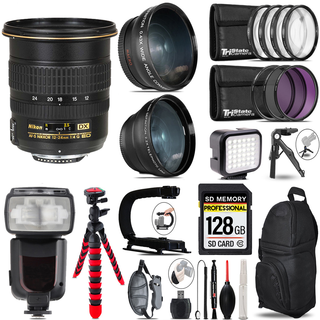 AF-S DX Zoom 12-24mm Lens + Pro Flash + LED Light + Tripod - 128GB Kit *FREE SHIPPING*