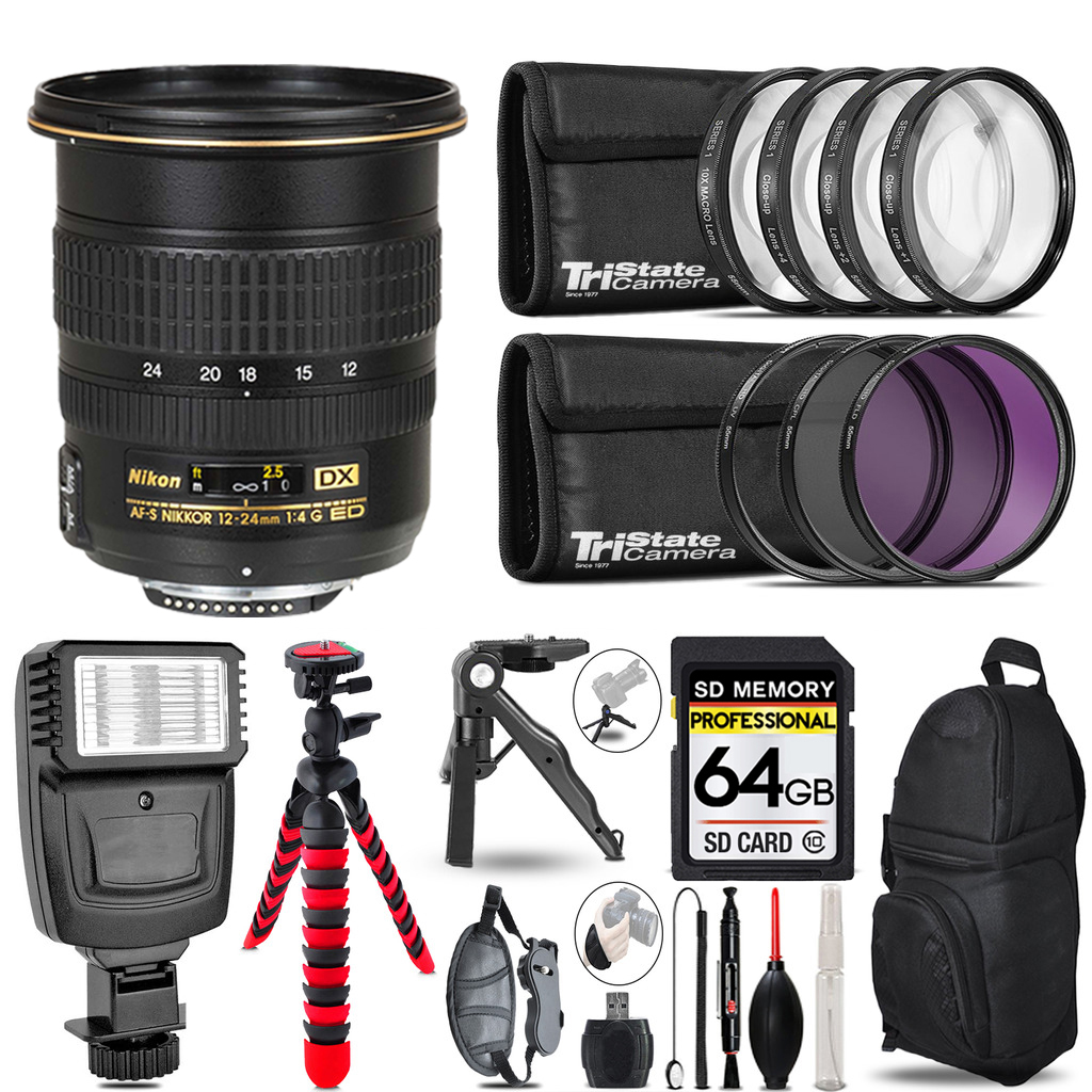 AF-S DX Zoom 12-24mm Lens + Slave Flash + Macro, UV-CPL-FLD - 64GB Kit *FREE SHIPPING*