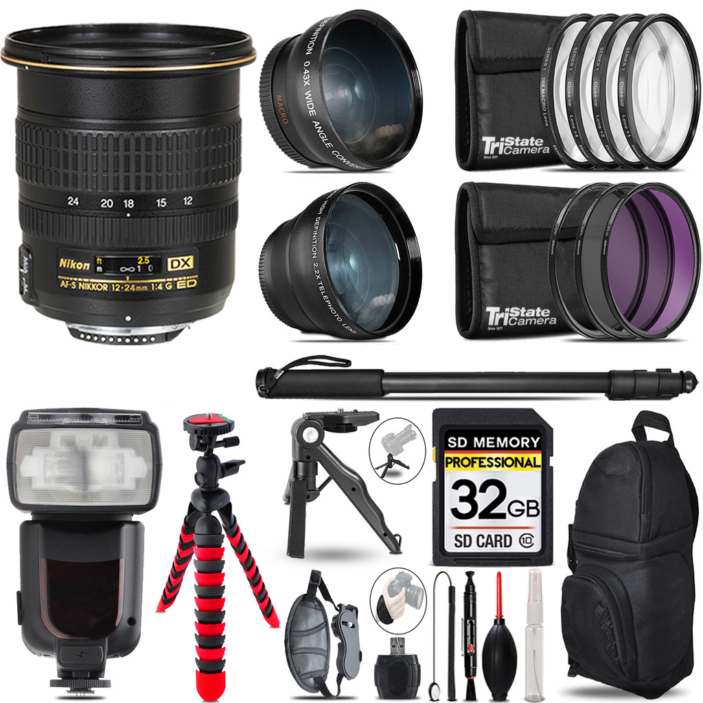 AF-S DX Zoom 12-24mm Lens - 3 Lens Kit + Professional Flash - 32GB Kit *FREE SHIPPING*